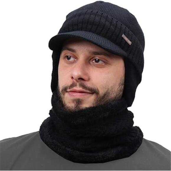 Winter Beanie w/Visor & Earflaps for Men Outdoor Fleece Hat Scarf Set - Picture 7 of 7